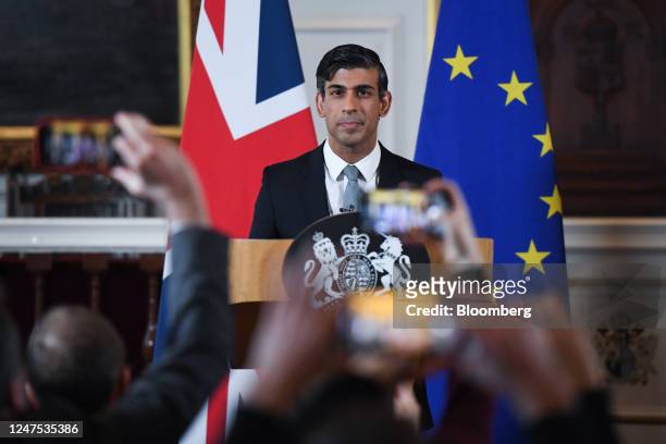Rishi Sunak, UK prime minister, during a joint news conference with Ursula von der Leyen, president of the European Commission, on a post-Brexit deal...