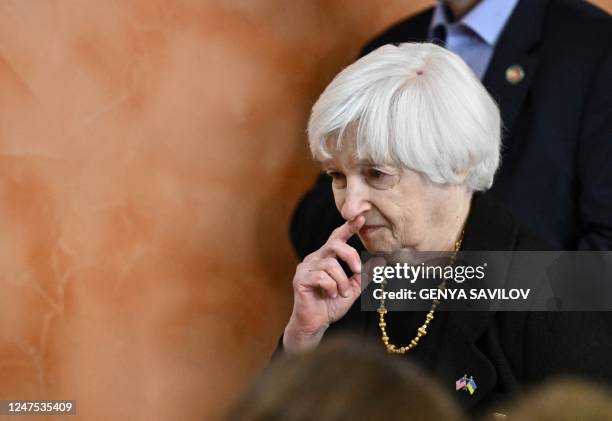 Secretary of the Treasury Janet Yellen arrives to adress school students during her visit to Kyiv on February 27 amid the Russian invasion of Ukraine.