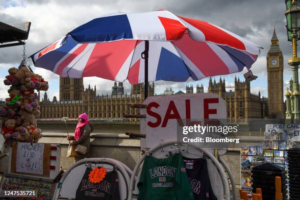 Tourist souvenirs for sale from a stall near the Houses of Parliament in London, UK, on Monday, Feb. 27, 2023. The UK and European Union reached a...