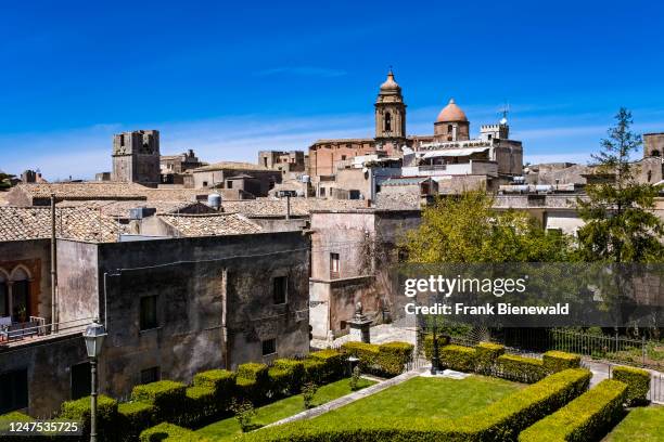 Parks and houses of the historic town Erice, the church Chiesa di San Giuliano in the distance.