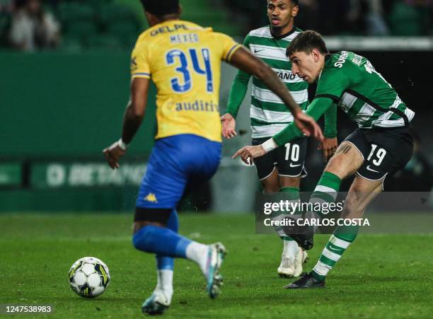 Sporting's Spanish defender Hector Bellerin scores the opening goal during the Portuguese league football match between Sporting CP and GD Estoril...