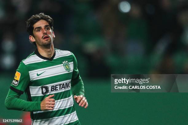 Sporting's Portuguese forward Francisco Trincao celebrates scoring his team's second goal during the Portuguese league football match between...