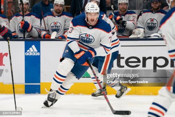 Edmonton Oilers defenseman Vincent Desharnais skates during the game between the Columbus Blue Jackets and the Edmonton Oilers at Nationwide Arena in...