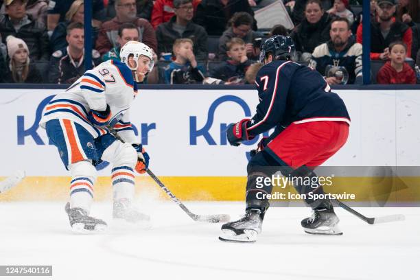 Edmonton Oilers center Connor McDavid skates with the puck during the game between the Columbus Blue Jackets and the Edmonton Oilers at Nationwide...