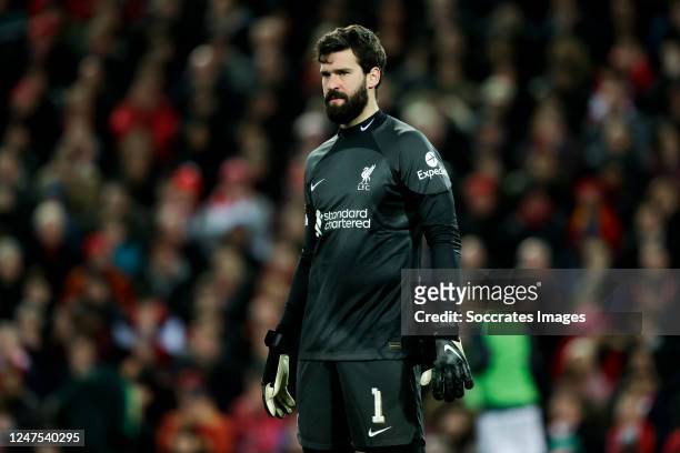Allison Becker of Liverpool FC during the UEFA Champions League match between Liverpool v Real Madrid at the Anfield on February 21, 2023 in...