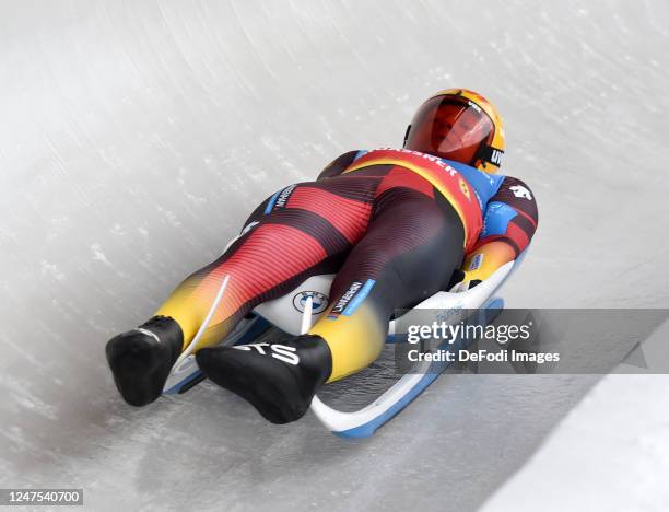 Max Langenhan of Germany in action during the Eberspacher Luge World Cup on February 26, 2023 in Winterberg, Germany.