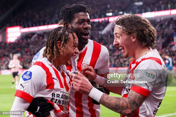 Xavi Simons of PSV Eindhoven, Ibrahim Sangare of PSV Eindhoven and Fabio Silva of PSV Eindhoven Celebrates after scoring his teams 3:1 goal with...