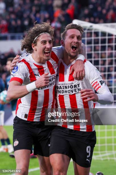 Luuk de Jong of PSV Eindhoven and Fabio Silva of PSV Eindhoven Celebrates after scoring his teams 2:1 goal with teammates during the Dutch Eredivisie...