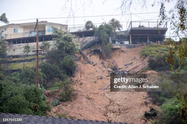 La Cañada Flintridge, CA A view of landslide damage that yellow-tagged George Terteryans home, forcing him and his family to evacuate after a...