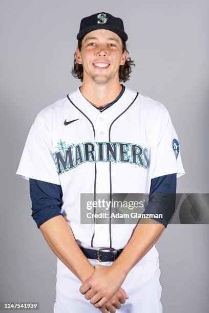 Logan Gilbert of the Seattle Mariners poses for a photo during the Seattle Mariners Photo Day at Peoria Sports Complex on Thursday, February 23, 2023...