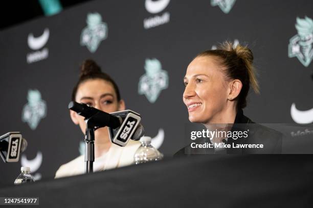 Courtney Vandersloot of the New York Liberty talks to the media during her introductory press conference on February 9, 2023 at Barclays Center in...