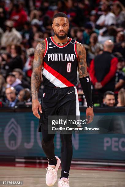 Damian Lillard of the Portland Trail Blazers looks on during the game on February 26, 2023 at the Moda Center Arena in Portland, Oregon. NOTE TO...