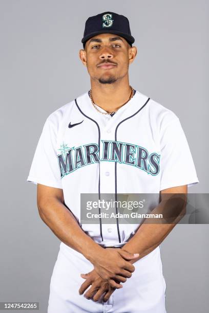 Julio Rodriguez of the Seattle Mariners poses for a photo during the Seattle Mariners Photo Day at Peoria Sports Complex on Thursday, February 23,...