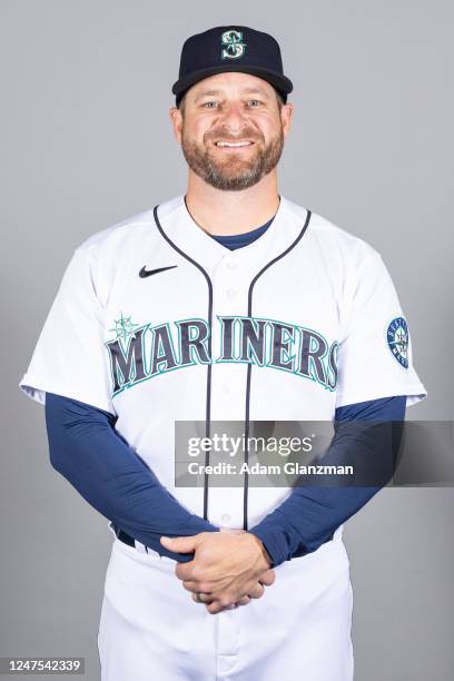 Bullpen Coach and Quality Control Coach Stephen Vogt of the Seattle Mariners poses for a photo during the Seattle Mariners Photo Day at Peoria Sports...