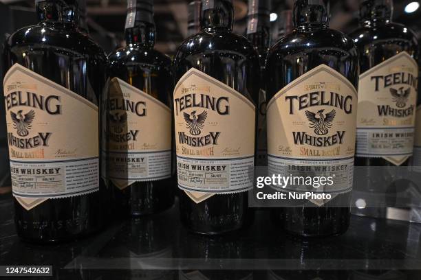 Selection of Teeling Irish Whiskey bottles on display in a Duty Free shop at Dublin Airport, in Dublin, Ireland, on February 17, 2023. According to...