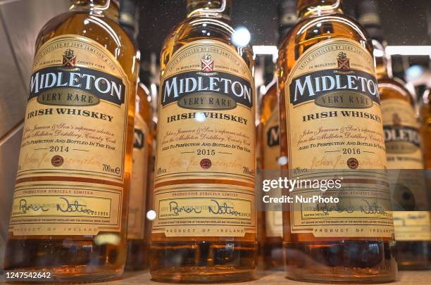 Selection of Jameson Midleton Very Rare Irish Whiskey bottles on display in a Duty Free shop at Dublin Airport, in Dublin, Ireland, on February 17,...