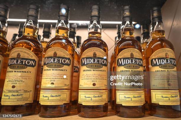 Selection of Jameson Midleton Very Rare Irish Whiskey bottles on display in a Duty Free shop at Dublin Airport, in Dublin, Ireland, on February 17,...