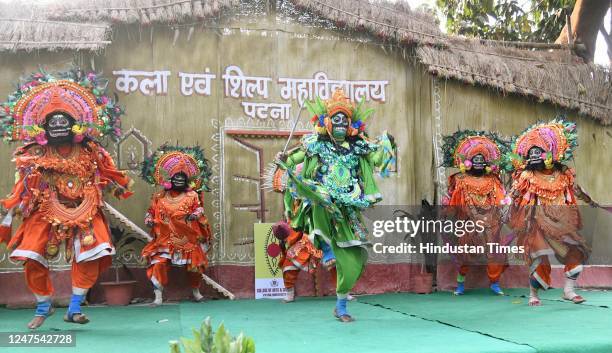 Artists performing 'Chhau Dance' at College of Arts & Crafts on February 27, 2023 in Patna, India. The dance ranges from celebrating martial arts,...