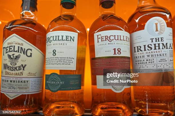 Selection of the best bottles of Jameson Irish whiskey on display in a Duty Free shop at Dublin Airport, in Dublin, Ireland, on February 17, 2023....