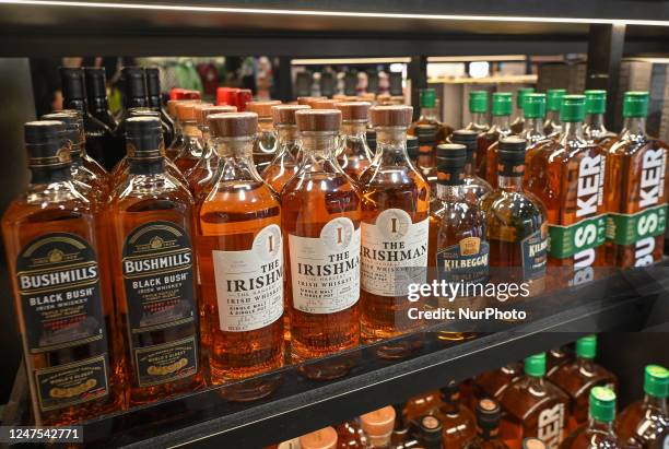 Selection of the best bottles of Irish whiskey on display in a Duty Free shop at Dublin Airport, in Dublin, Ireland, on February 17, 2023. According...