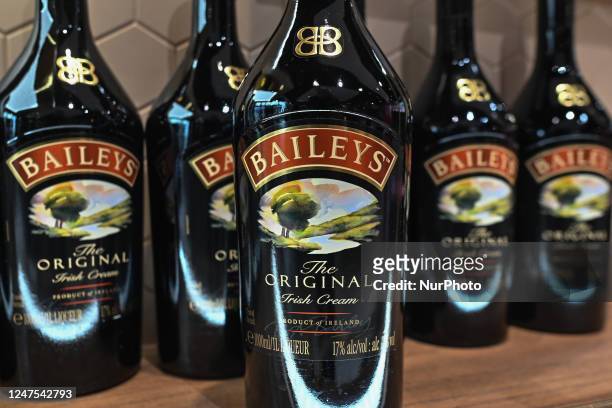 Selection of Baileys bottles on display in a Duty Free shop at Dublin Airport, in Dublin, Ireland, on February 17, 2023. According to Irish Whiskey...