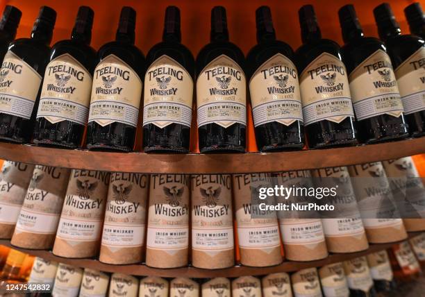 Selection of Teeling Irish Whiskey bottles on display in a Duty Free shop at Dublin Airport, in Dublin, Ireland, on February 17, 2023. According to...