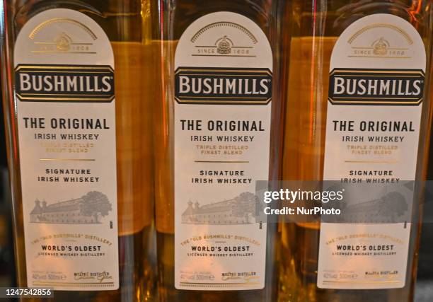 Selection of Bushmills Irish whiskey on display in a Duty Free shop at Dublin Airport, in Dublin, Ireland, on February 17, 2023. According to Irish...