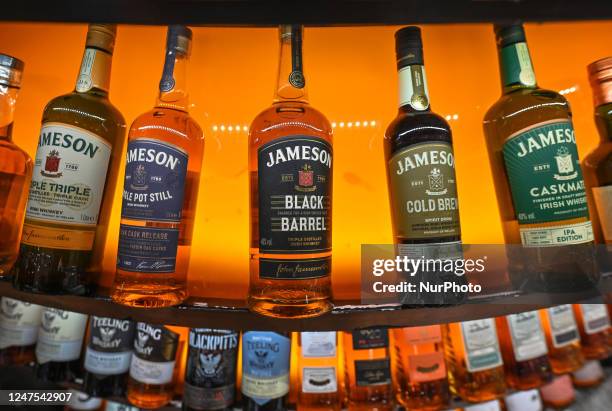 Selection of the best bottles of Jameson Irish whiskey on display in a Duty Free shop at Dublin Airport, in Dublin, Ireland, on February 17, 2023....
