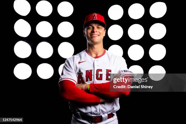 Logan OHoppe of the Los Angeles Angels poses for a photo during the Los Angeles Angels Photo Day at Tempe Diablo Stadium on Tuesday, February 21,...