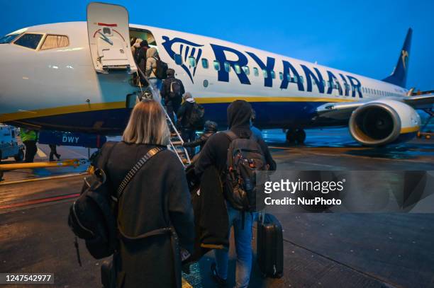 Passengers boarding a Ryanair plane at Dublin International Airport, in Dublin, Ireland, on February 17, 2023. Almost every week, Ryanair, Europe's...