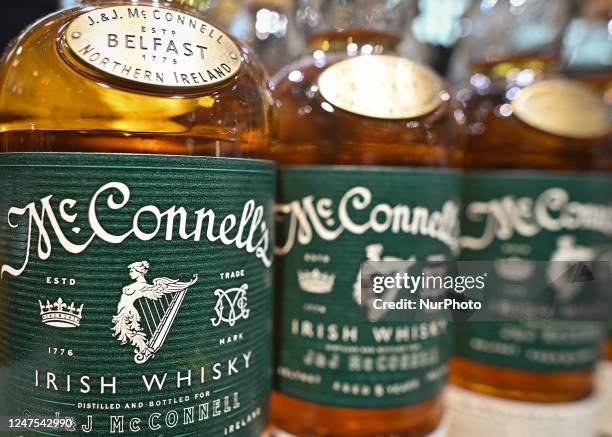 Selection of McConnell's Irish Whiskey bottles on display in a Duty Free shop at Dublin Airport, in Dublin, Ireland, on February 17, 2023. According...