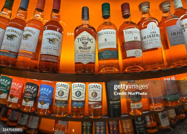 Selection of the best bottles of Irish whiskey on display in a Duty Free shop at Dublin Airport, in Dublin, Ireland, on February 17, 2023. According...