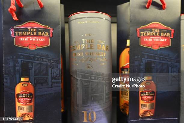 Selection of The Temple Bar Irish Whiskey bottles on display in a Duty Free shop at Dublin Airport, in Dublin, Ireland, on February 17, 2023....