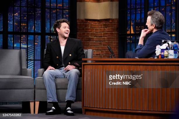 Episode 1397 -- Pictured: Singer-Songwriter Niall Horan during an interview with host Seth Meyers on February 27, 2023 --