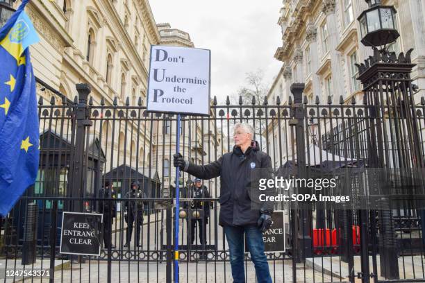 An anti-Brexit activist holds a placard in support of the Northern Ireland Protocol during the demonstration outside Downing Street. This...