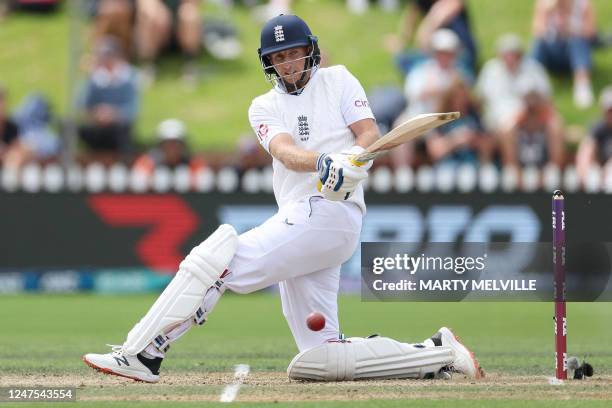 England's Joe Root plays a shot during day five of the second cricket test match between New Zealand and England at the Basin Reserve in Wellington...