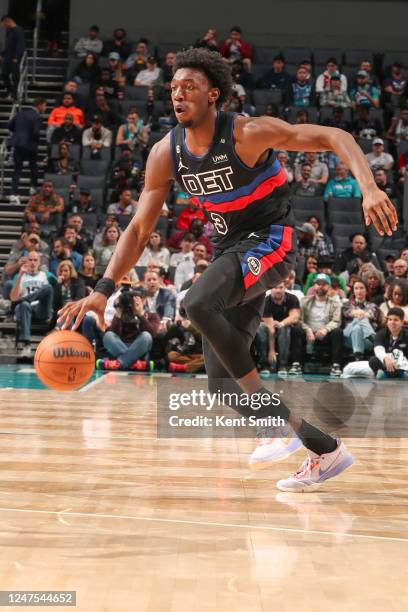 James Wiseman of the Detroit Pistons handles the ball during the game on Febuary 27, 2023 at Spectrum Center in Charlotte, North Carolina. NOTE TO...