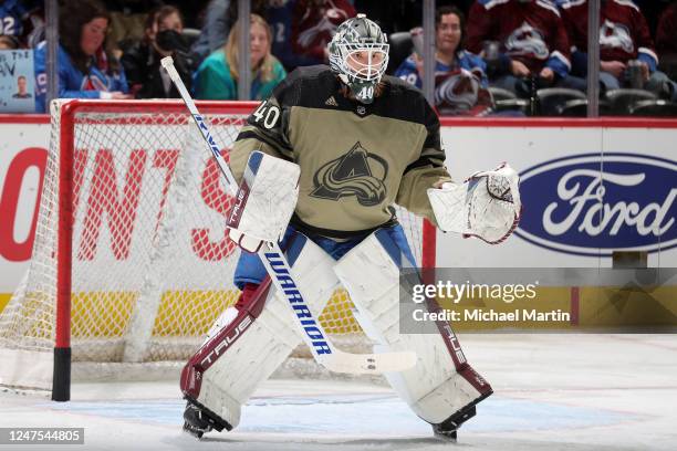 Goaltender Alexandar Georgiev of the Colorado Avalanche warms up prior to the game against the Vegas Golden Knights on Military Appreciation Night at...