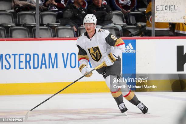 Jack Eichel of the Vegas Golden Knights warms up prior to the game against the Colorado Avalanche at Ball Arena on February 27, 2023 in Denver,...