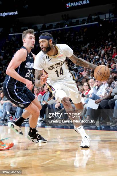 Brandon Ingram of the New Orleans Pelicans dribbles the ball against the Orlando Magic on February 27, 2023 at the Smoothie King Center in New...