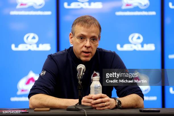 Chris MacFarland, general manager of the Colorado Avalanche, speaks with media prior to the game against the Vegas Golden Knights at Ball Arena on...