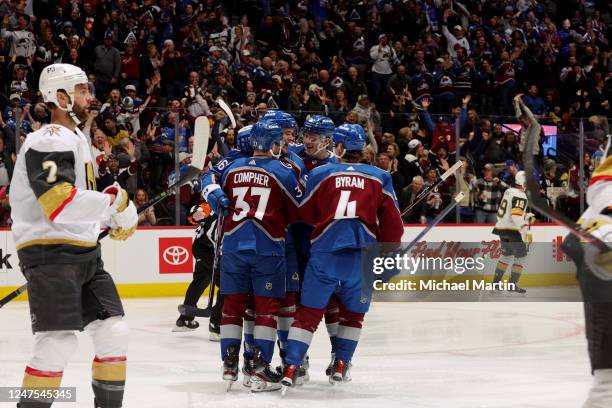 Compher, Mikko Rantanen, Josh Manson and Bowen Byram of the Colorado Avalanche celebrate a goal against the Vegas Golden Knights at Ball Arena on...