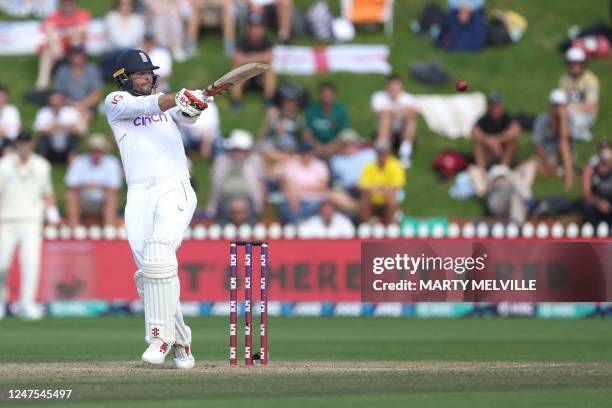 England's Ben Foakes plays a shot during day five of the second cricket test match between New Zealand and England at the Basin Reserve in Wellington...