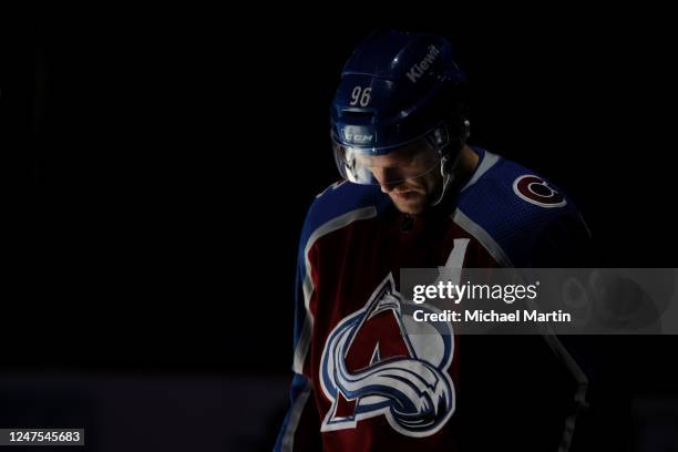 Mikko Rantanen of the Colorado Avalanche takes to the ice prior to the game against the Vegas Golden Knights at Ball Arena on February 27, 2023 in...