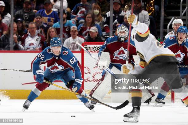 Artturi Lehkonen, goaltender Alexandar Georgiev and Samuel Girard of the Colorado Avalanche defend against the Vegas Golden Knights at Ball Arena on...