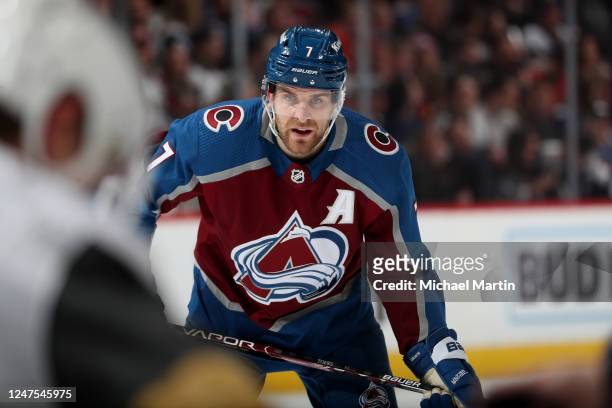 Devon Toews of the Colorado Avalanche awaits a faceoff against the Vegas Golden Knights at Ball Arena on February 27, 2023 in Denver, Colorado.