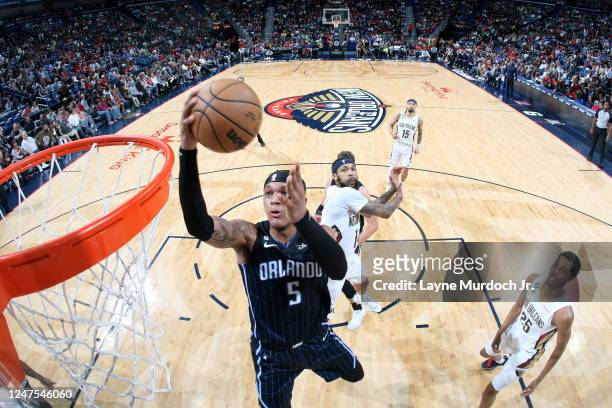 Paolo Banchero of the Orlando Magic goes to the basket against the New Orleans Pelicans on February 27, 2023 at the Smoothie King Center in New...