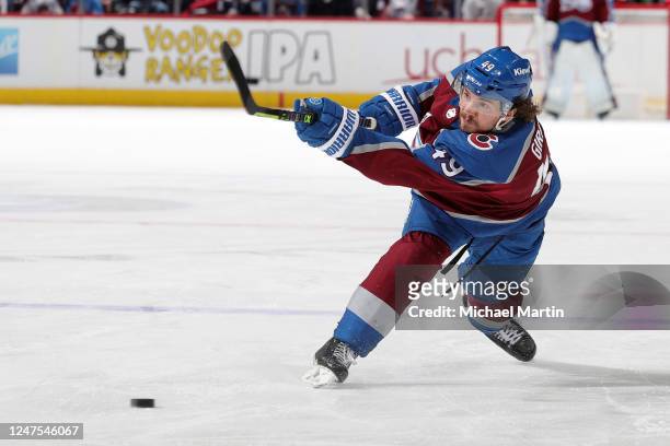 Samuel Girard of the Colorado Avalanche shootss against the Vegas Golden Knights at Ball Arena on February 27, 2023 in Denver, Colorado.