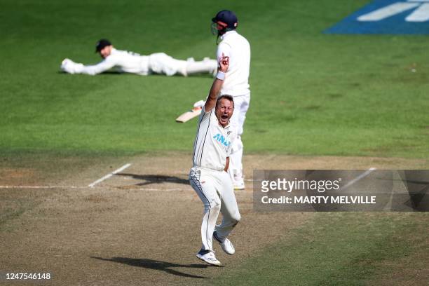 New Zealand's Neil Wagner celebrates taking the final wicket of England's James Anderson to win during day five of the second cricket test match...