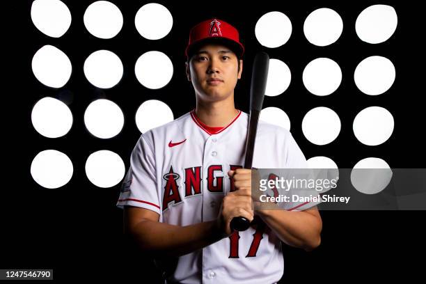 Shohei Ohtani of the Los Angeles Angels poses for a photo during the Los Angeles Angels Photo Day at Tempe Diablo Stadium on Tuesday, February 21,...